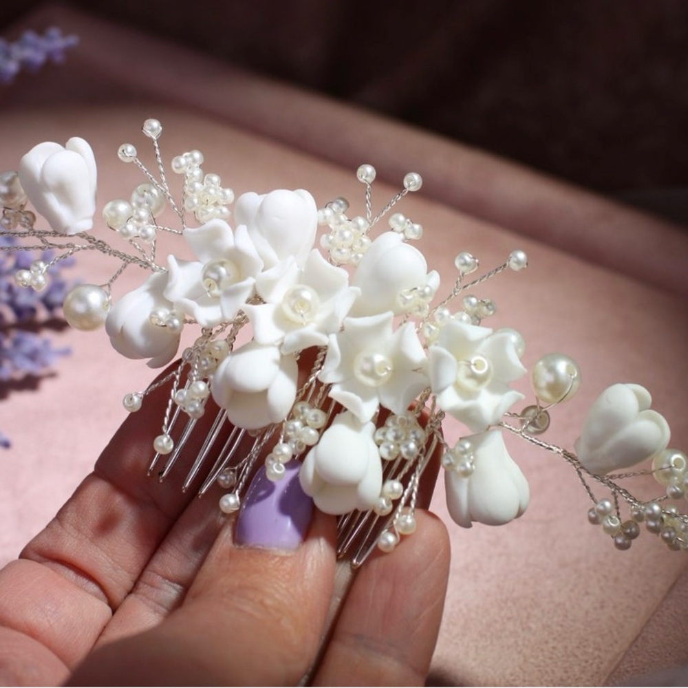 White Wedding Dress with Floral Accents and Pearl Details